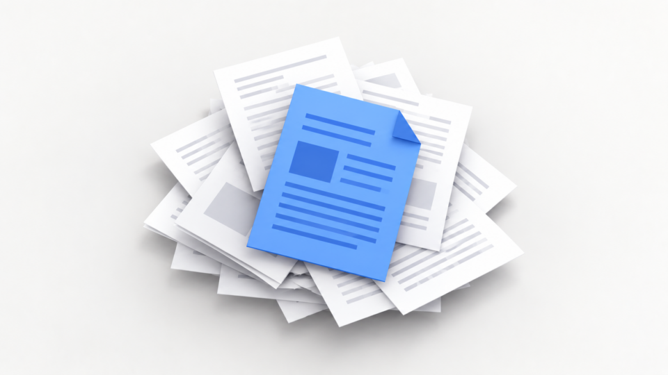 A blue document on top of a messy stack of research papers, representing AstaBrief turning scientific sources into cited reports.