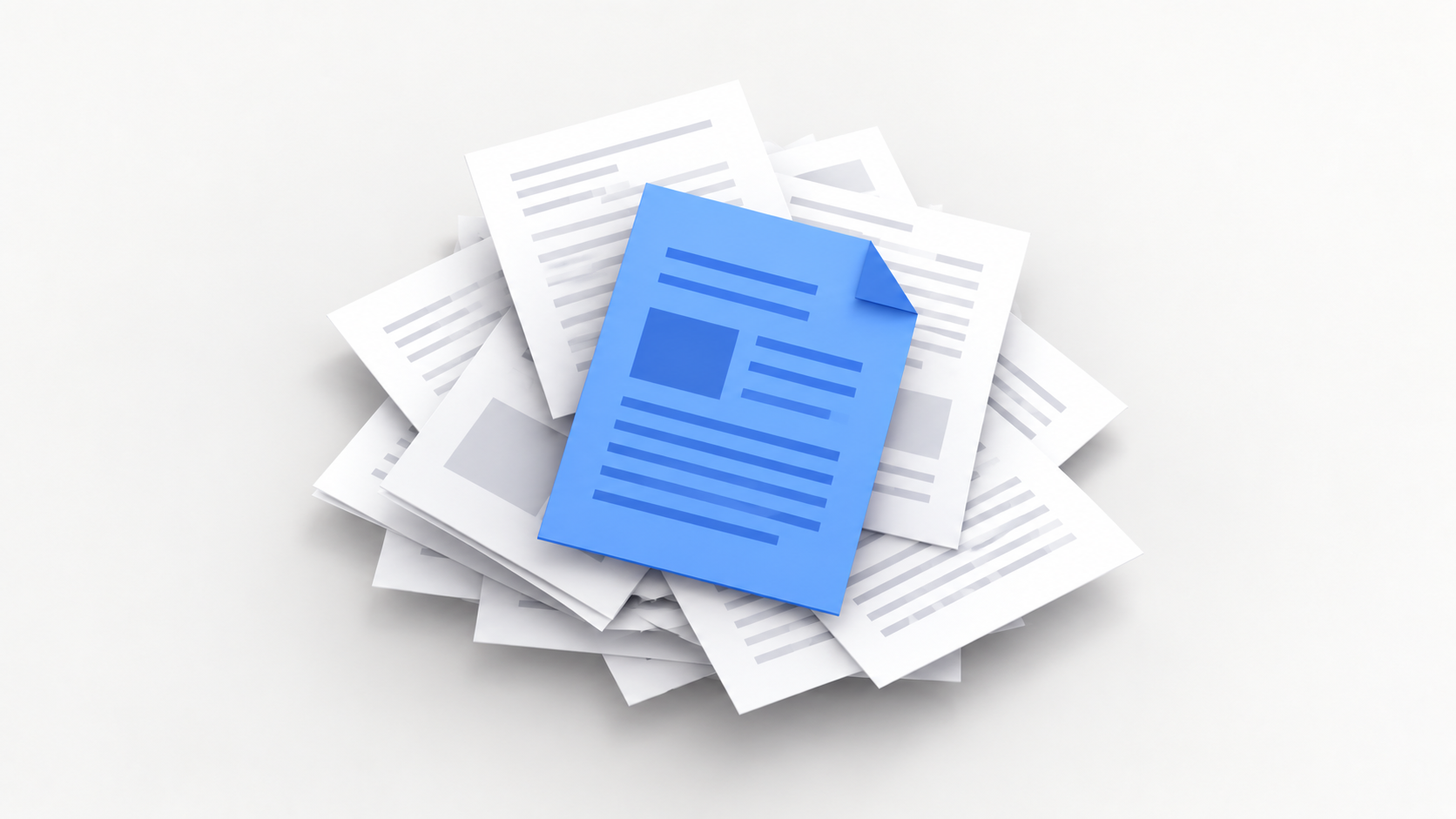 A blue document on top of a messy stack of research papers, representing AstaBrief turning scientific sources into cited reports.