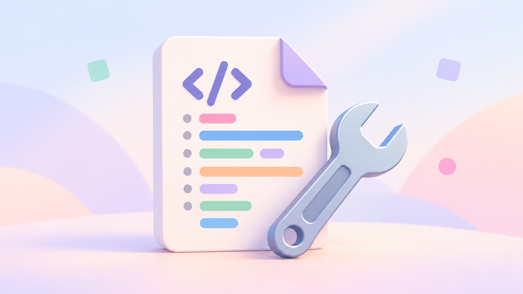 Pastel code file with a wrench representing AI-assisted game modding and development.
