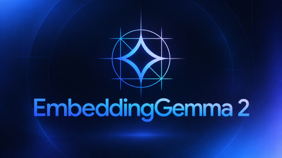 EmbeddingGemma 2 logo and name on a blue modern background.