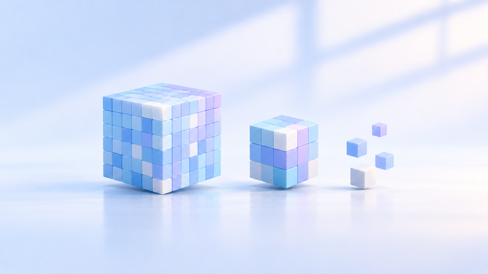 Large blue cube becoming a smaller cube and separate pieces, representing AI model quantization and compression.