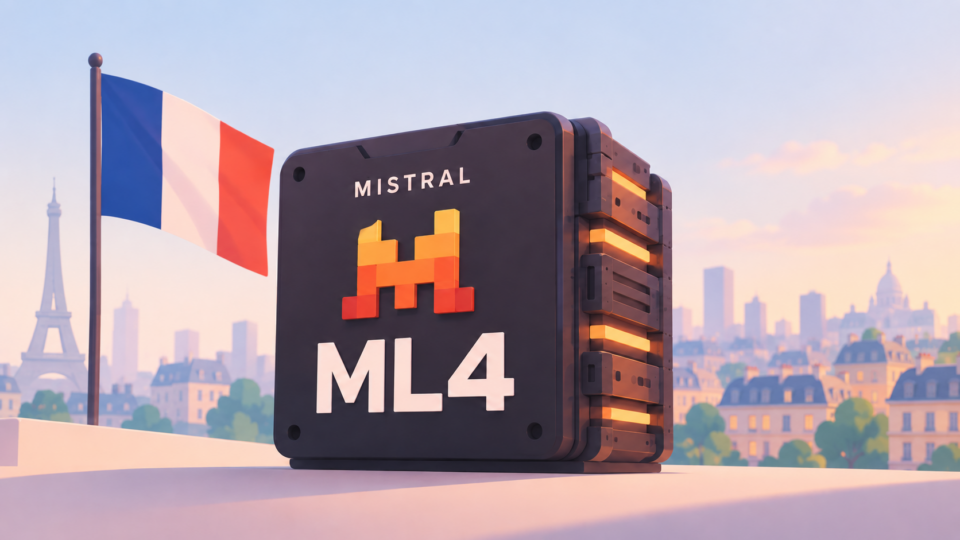 Mistral Large 4 ML4 model with the Mistral logo in front of the Paris skyline and French flag